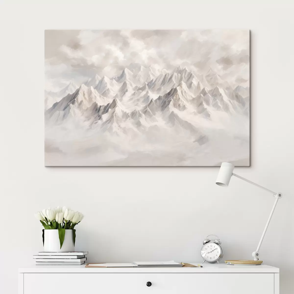 Glezna Balti sniegotie kalni miglā s40629