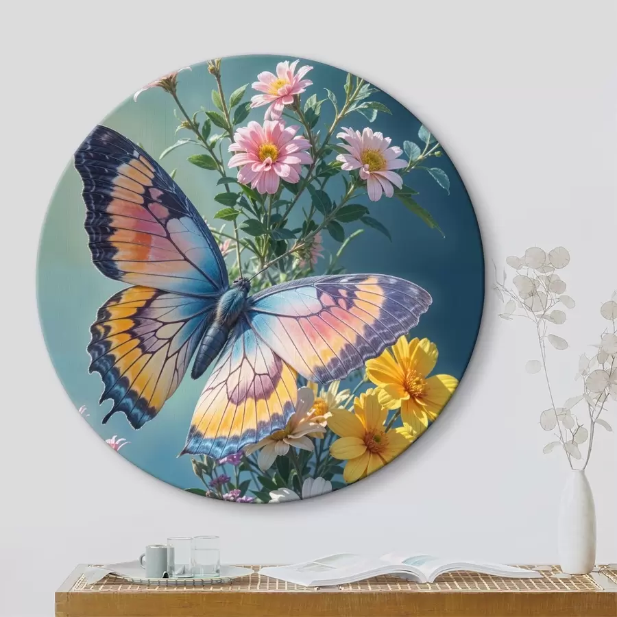 Glezna Liels, krāsains tauriņš, kas atrodas uz rozā un dzeltenu ziedu pušķa uz tumši zaļa fona r40411