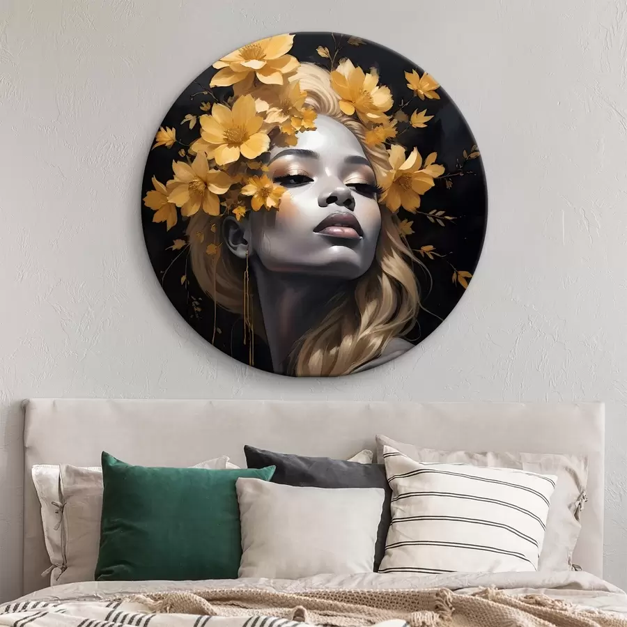 Glezna Jaunas sievietes portrets, ko ieskauj dzeltenas rudens lapas uz tumša fona r38834