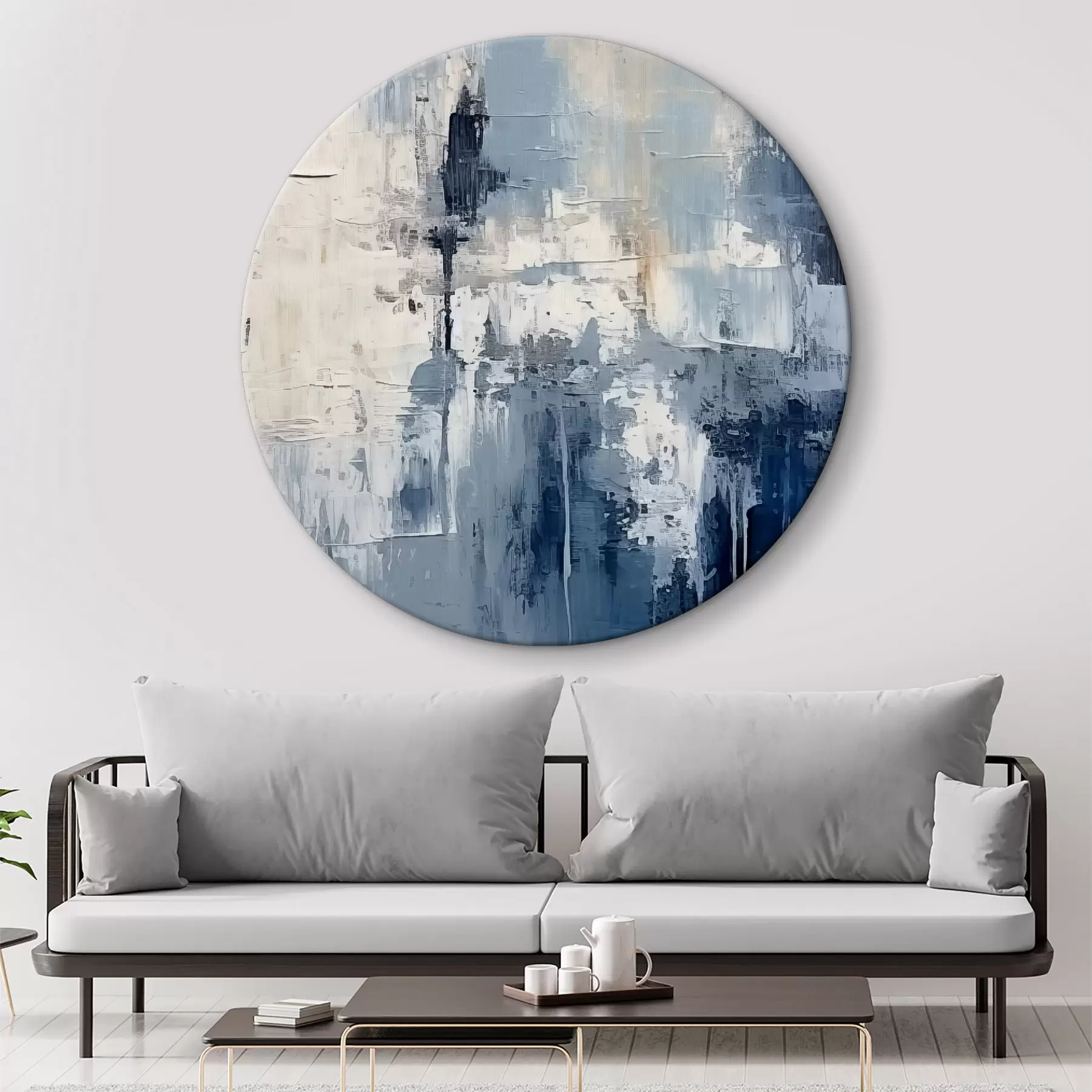 Glezna Abstrakta minimālisma eļļas glezna, berzēta, ģeometriska, traipu, zilā un baltā krāsā r38906