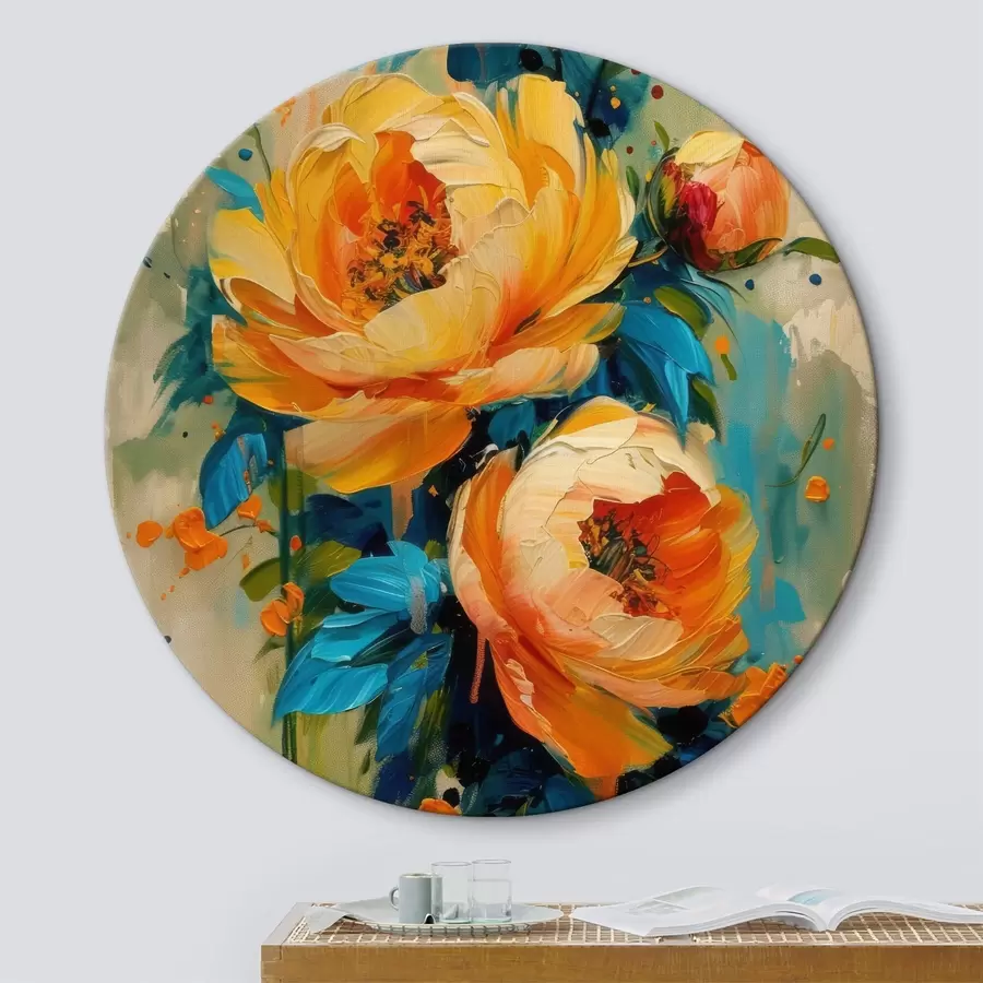 Glezna Abstrakta glezna bēšos, dzeltenos, zilos, salvijas zaļos toņos ar oranžiem šļakatām, košas peonijas vasarā r39472