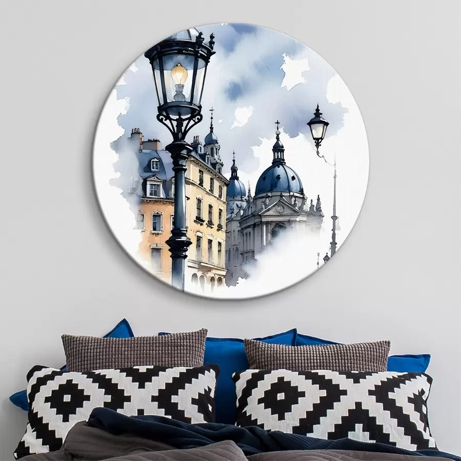 Glezna Grezna ielas lampa ar kupolveida ēku mākoņainā dienā r38364