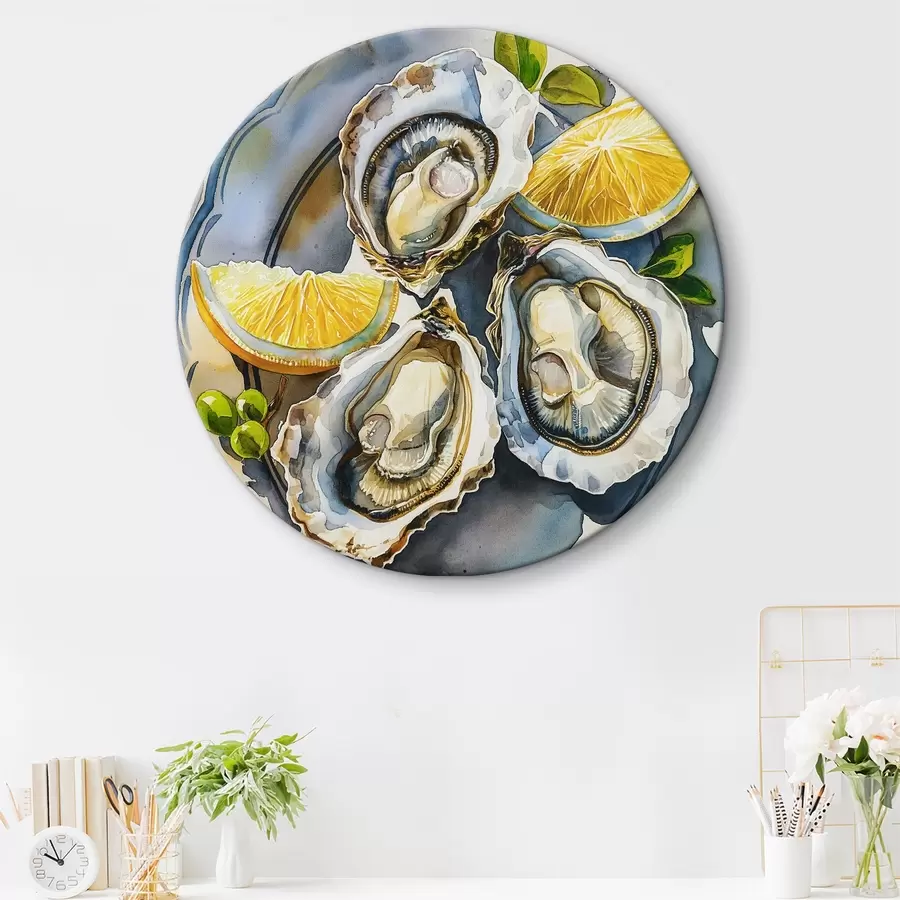 Glezna Elegantas austeres uz šķīvja, akvarelis, citroni, dabīgas krāsas, vidusjūra r39711