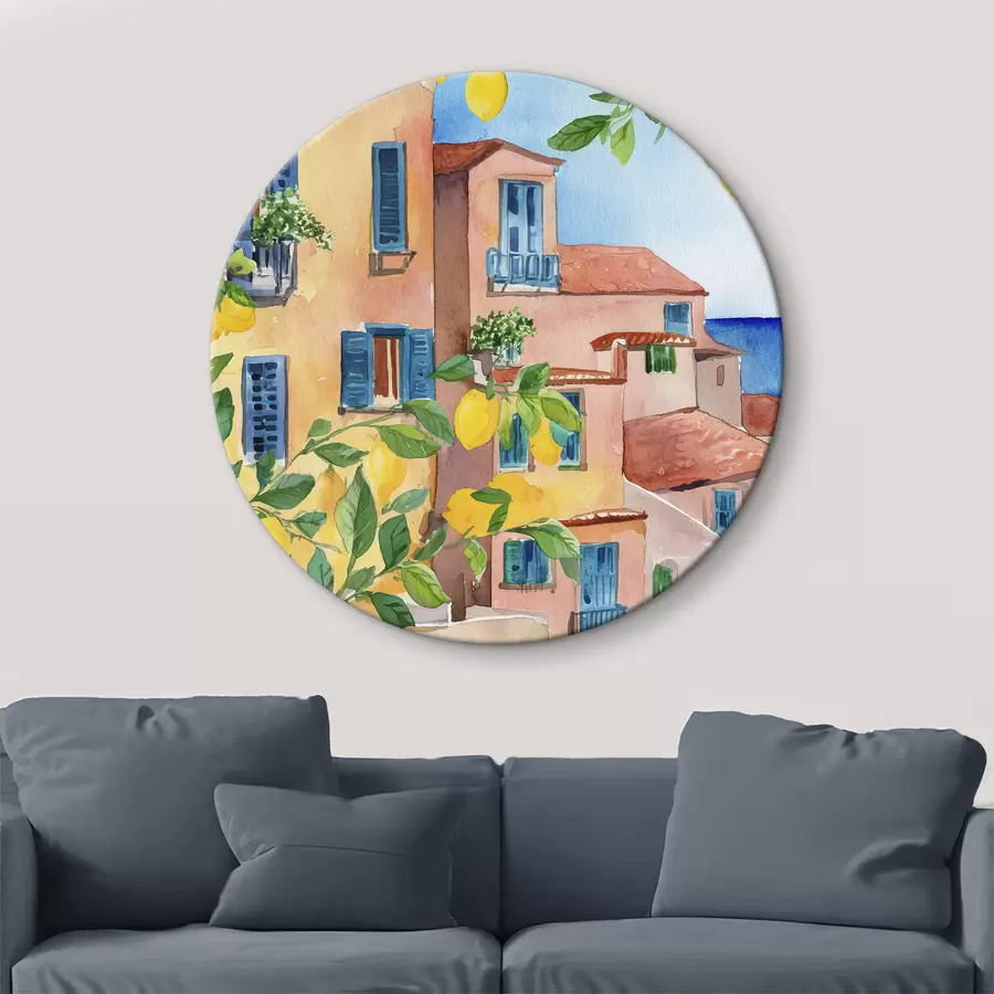 Glezna Itālijas pilsētas arhitektūra, jūras piekraste, vasara, akvarelis, citronkoks r38395