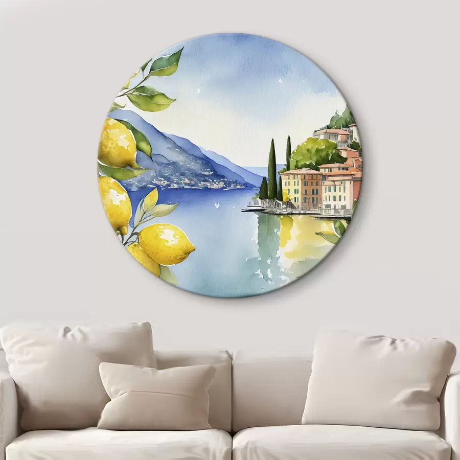 Glezna Itālijas ezers, vasara, akvarelis, dabas ainava, citroni, pilsētas arhitektūra r38394