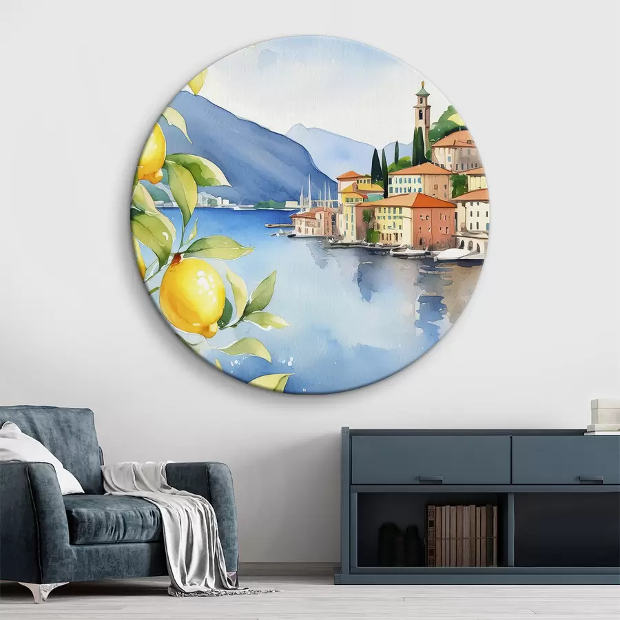 Glezna Itālijas ezers, vasara, akvarelis, dabas ainava, citroni, pilsētas arhitektūra r38397