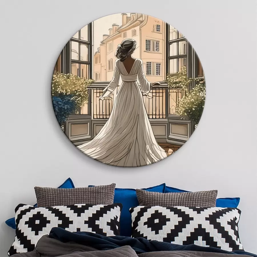 Glezna meitenes siluets baltā kleitā pie liela loga r39480