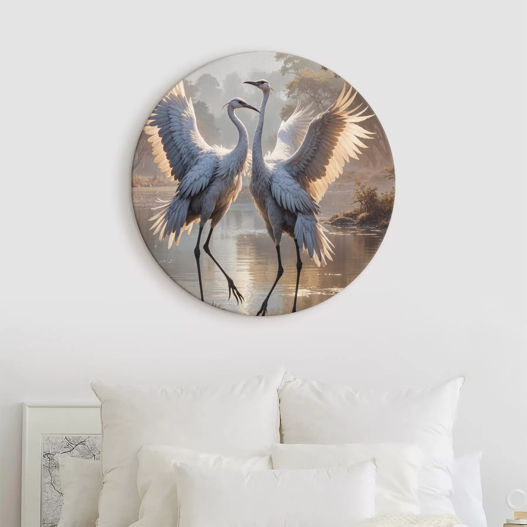 Glezna Divas lielas pelēkas dzērves ar gariem kakliem un izplestiem spārniem stāv miglainā ezerā, ko ieskauj koki r40404