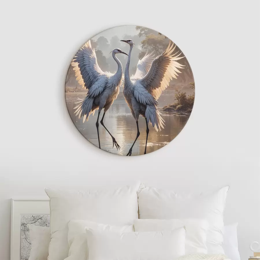 Fototapetes Divas lielas pelēkas dzērves ar gariem kakliem un izplestiem spārniem stāv miglainā ezerā, ko ieskauj koki r40404