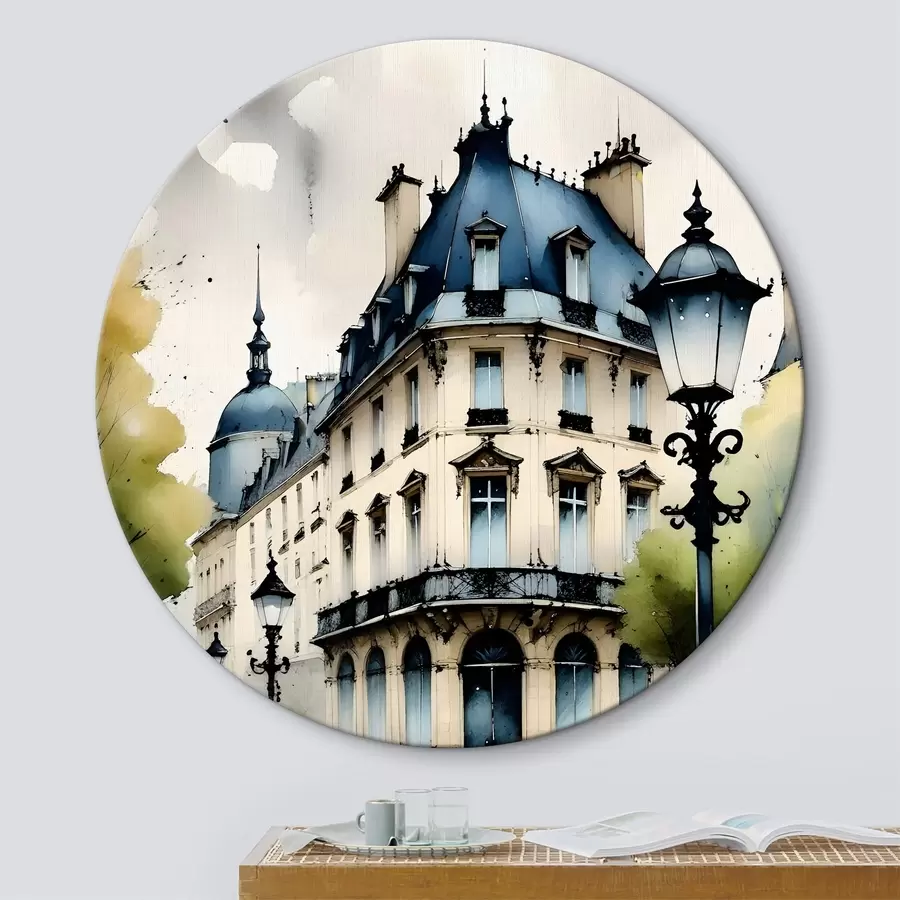 Fototapetes Vēsturiskas ēkas akvareļglezna ar izliektu fasādi un dekoratīviem arhitektūras elementiem r38975