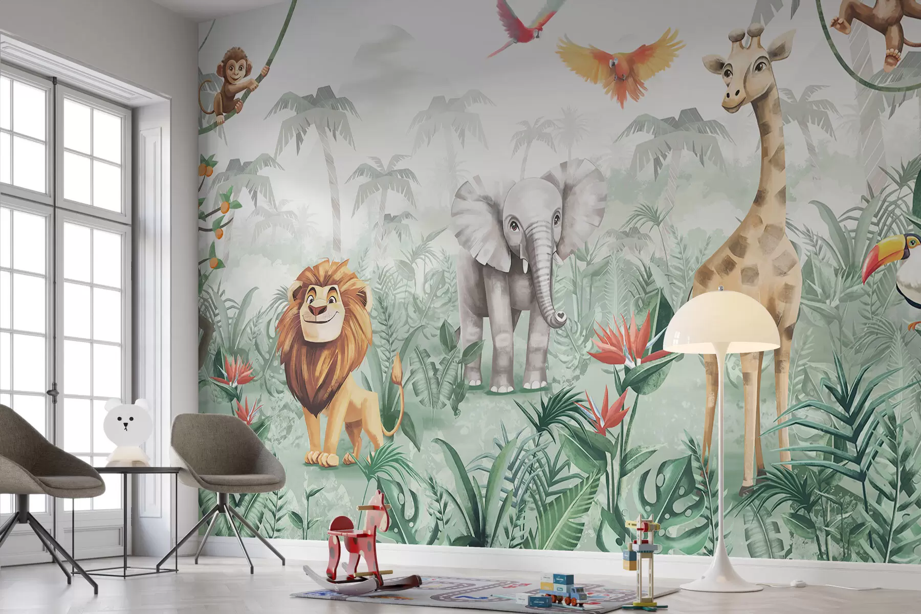 Fototapetes Bērnu džungļu dizains ar lauvu, žirafi, ziloni un papagaiļiem w02440