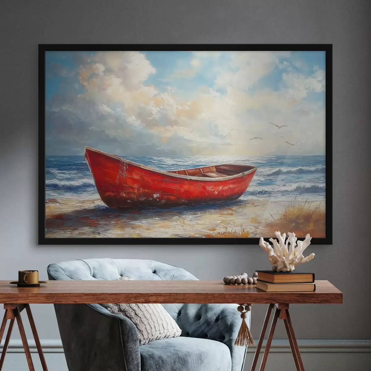 Plakāts sarkana laiva pie jūras eļļas krāsu stilā f42009