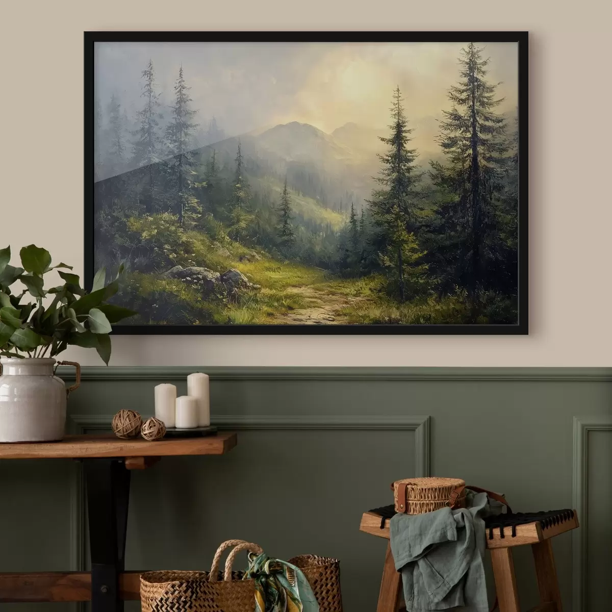 Plakāts kalni miglā un koki f42019