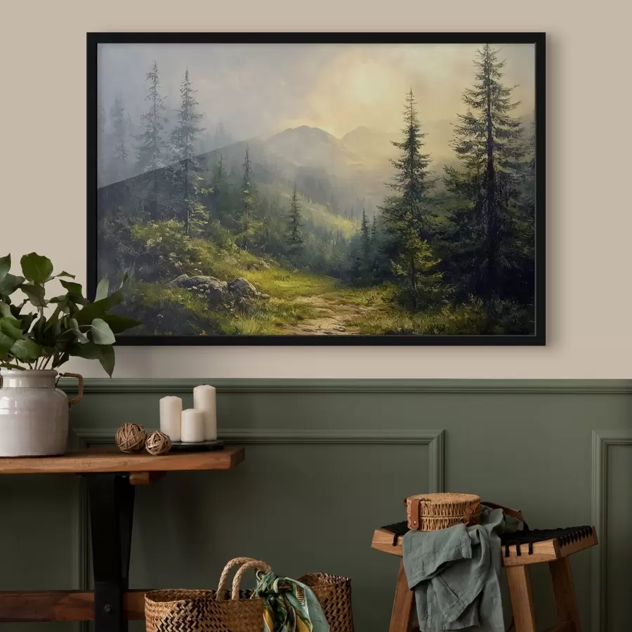 Fototapetes kalni miglā un koki f42019