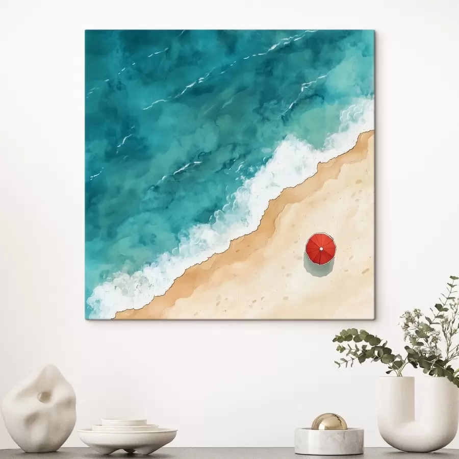 Glezna Smilšaina pludmale ar jūru un sarkanu lietussargu, skats no augšas s42040