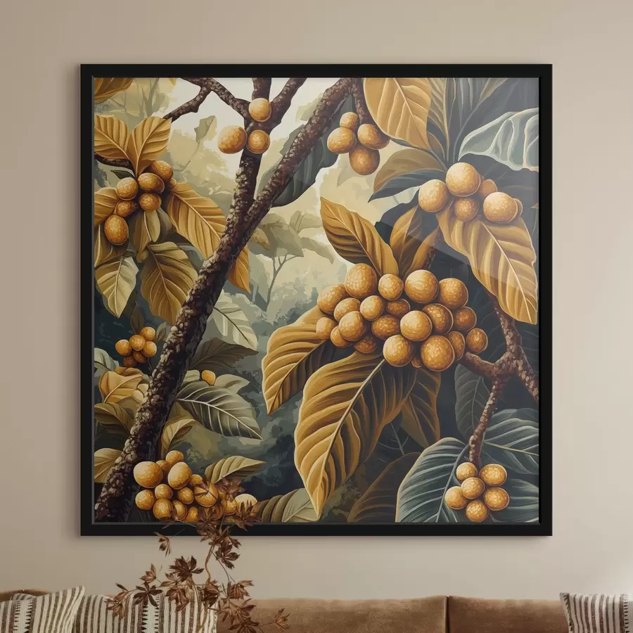 Fototapetes Kafijas koks ar augļiem un lapām dzeltenos toņos f41981