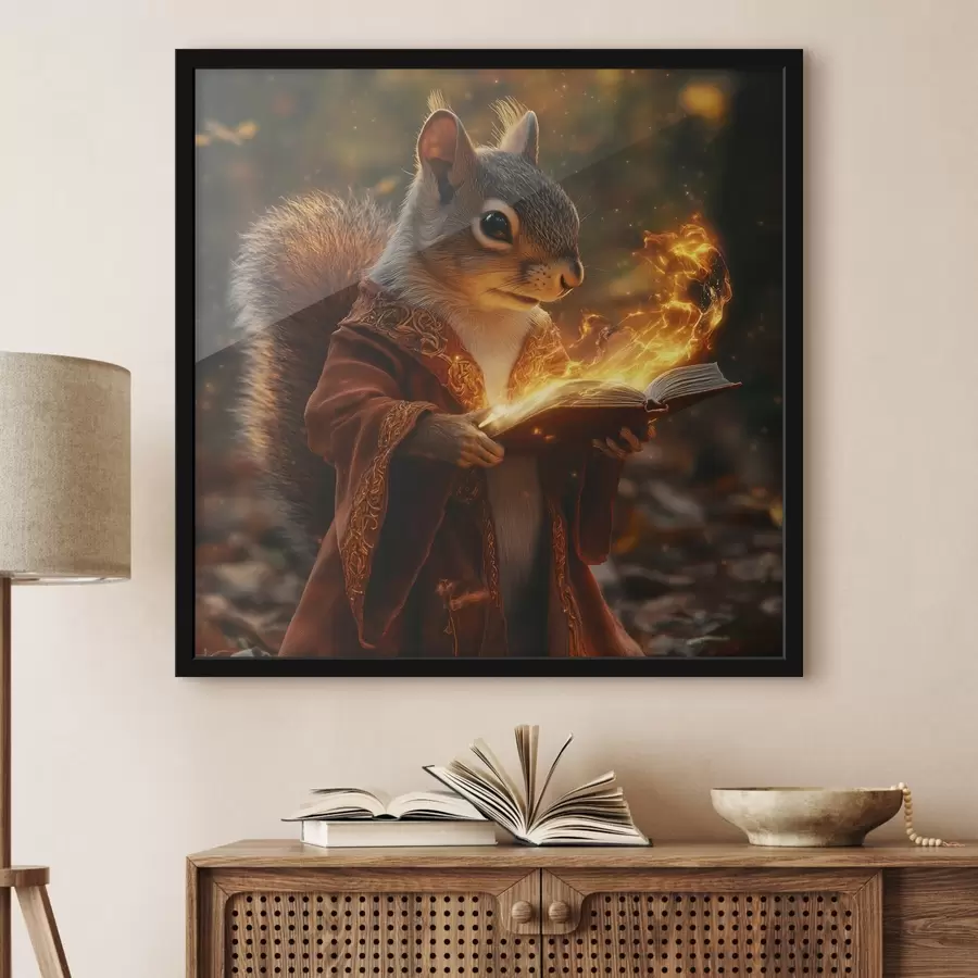 Fototapetes Mistisks mags vāvere burvja tērpā ar burvju tome rokās f41983