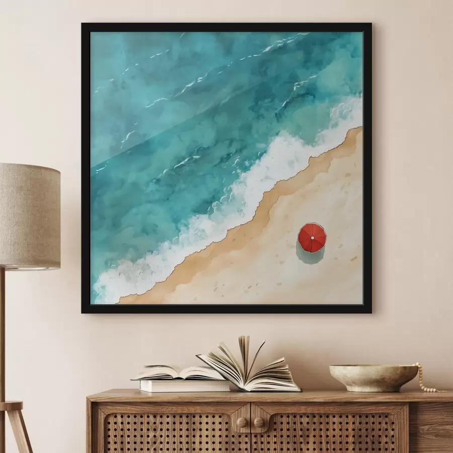 Fototapetes Smilšaina pludmale ar jūru un sarkanu lietussargu, skats no augšas f42040