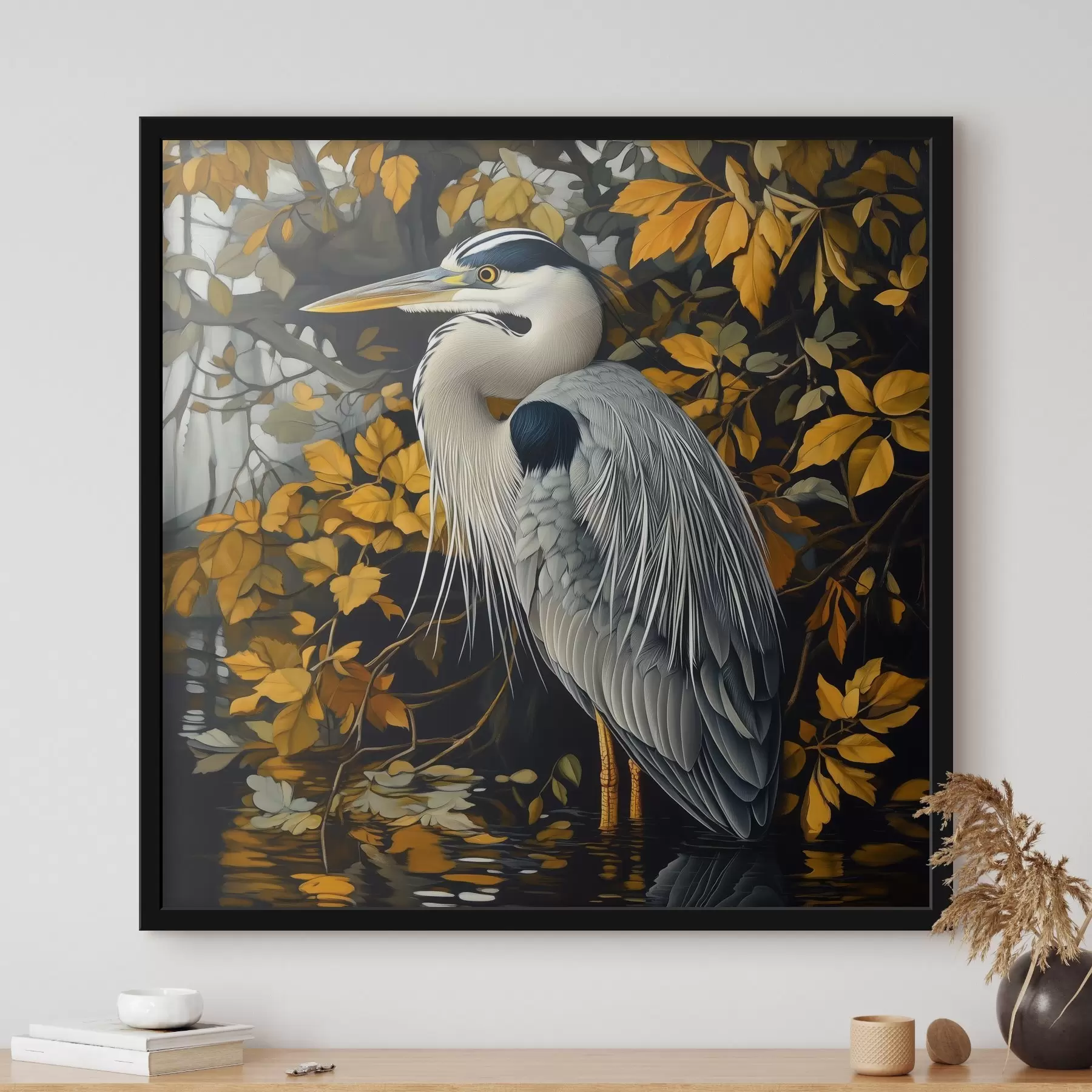Glezna Čaple ūdenī uz rudens lapu fona f42041