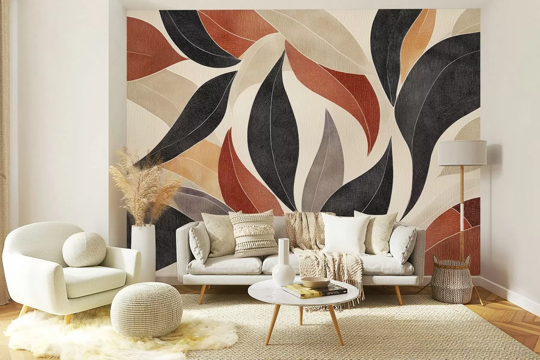 Fototapetes abstraktas lapas zemes toņu paletē - bēšs, terakota un tumši pelēks. w02452