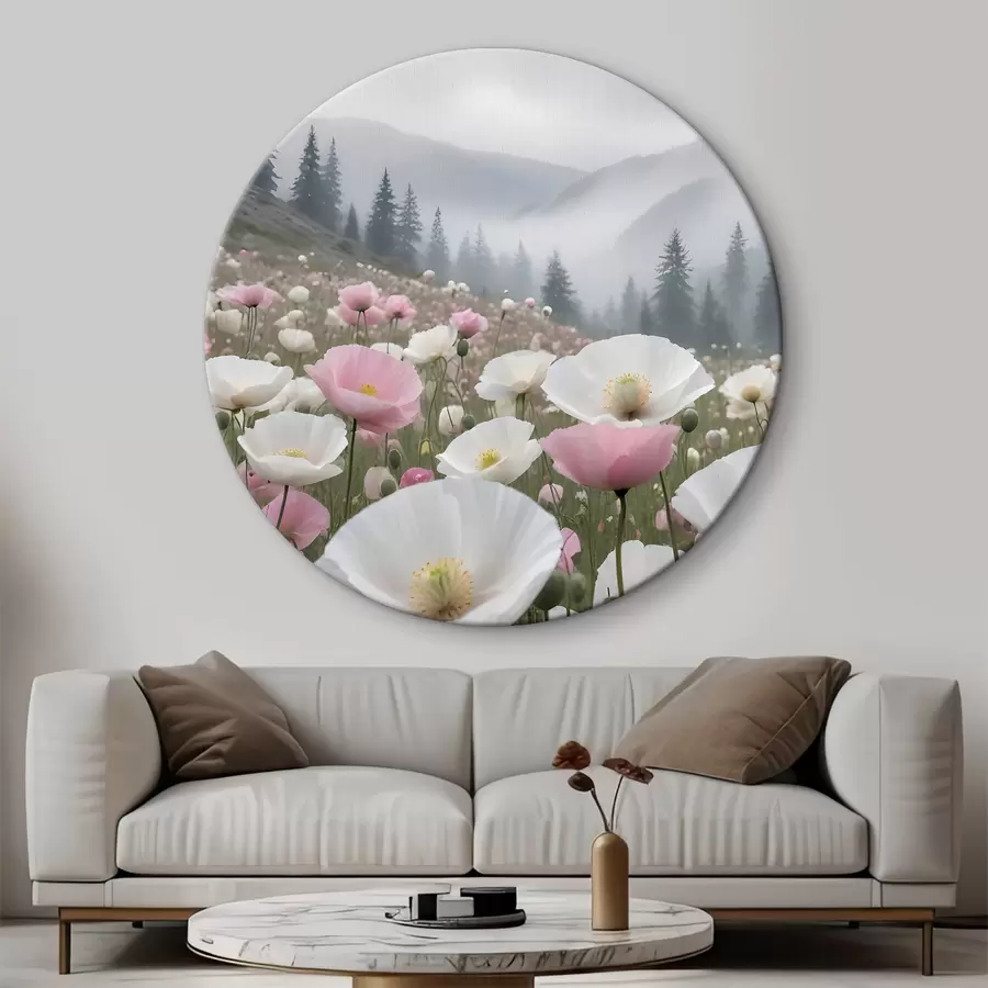 Fototapetes Rozā un balto magoņu lauks kalnu ainavā fonā r38369