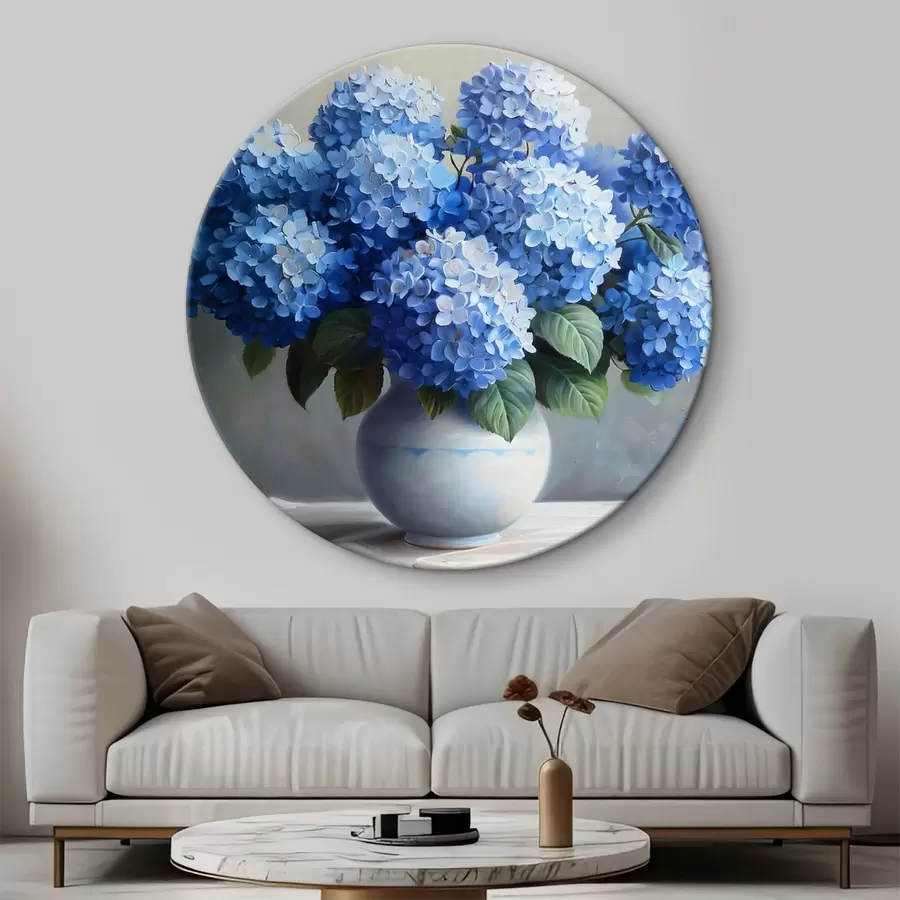 Glezna Zilu hortenziju pušķis baltā vāzē r38696