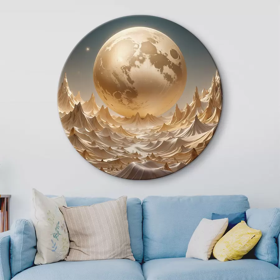 Fototapetes Spīdošs pilnmēness virs sirreālas kalnainas ainavas ar virsotnēm r38775