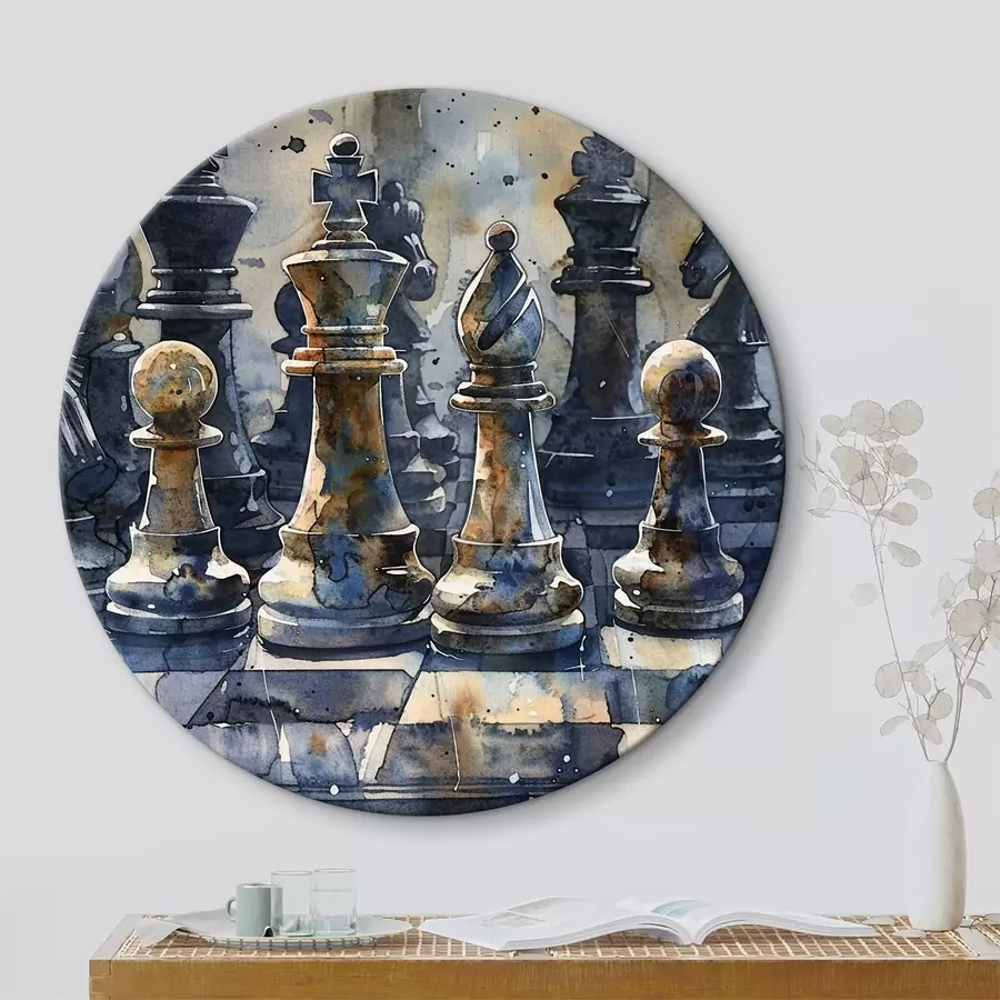 Glezna Akvareļglezna tuvplāna skats uz šahu, kas izgatavots no metāla vai akmens, ar detalizētiem dizainiem un faktūrām r38960