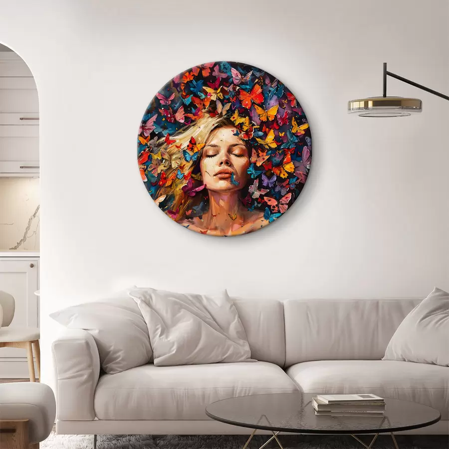 Glezna Eļļas glezna ar jaunu sievieti, kuru ieskauj krāsainu tauriņu bars uz tumša fona r38972