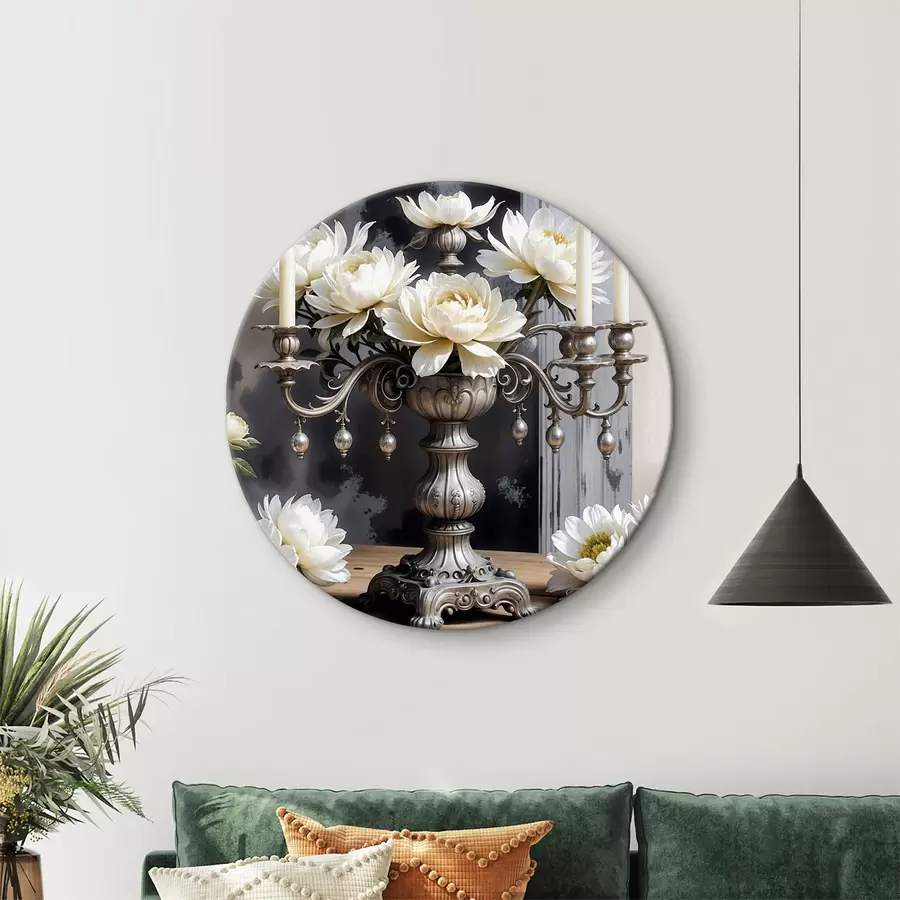 Glezna Lielu baltu dāliju ziedu pušķis greznā sudraba vāzē, ko ieskauj aizdegtas sveces uz koka galda r39384