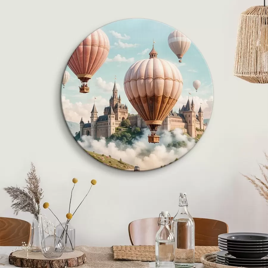 Glezna Fantāzijas pils, ko ieskauj rozā gaisa baloni, kas peld mākoņainās debesīs virs sulīgas, zaļas ainavas r39387