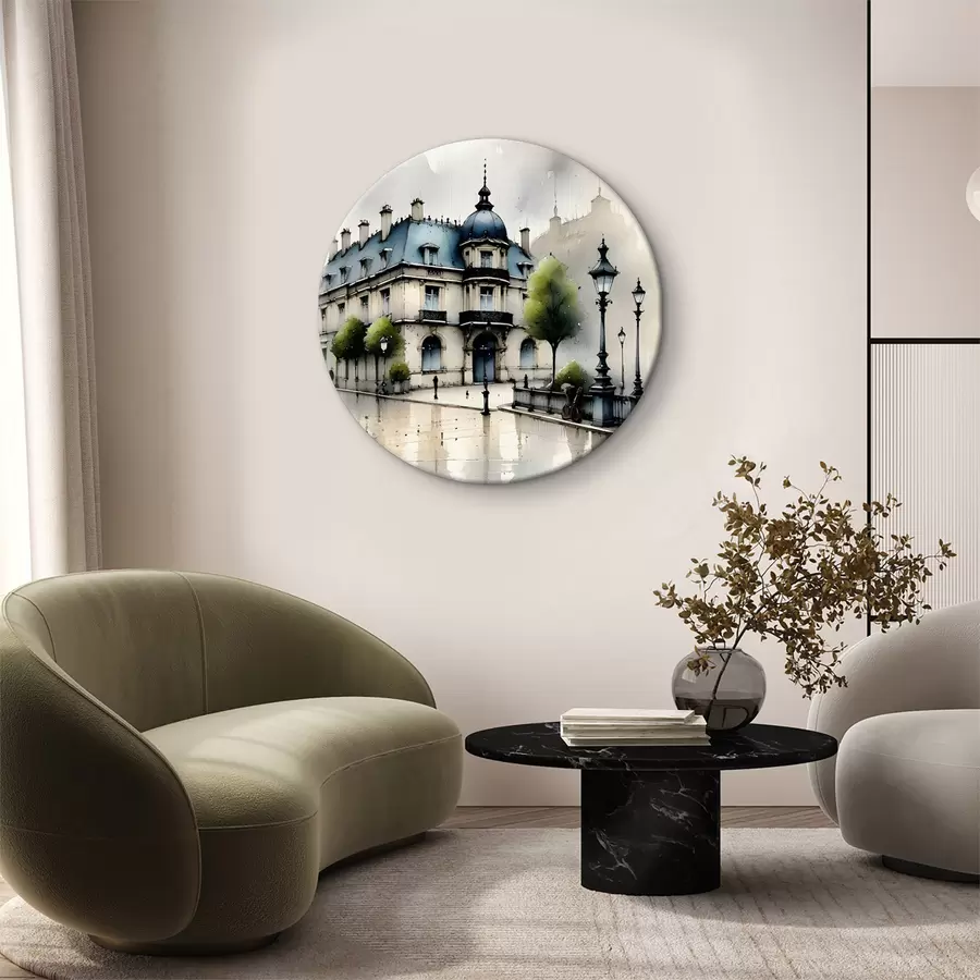 Glezna Lieliska akvareļu ēka, ko ieskauj laternu stabi un koki, lietainā dienā r39391