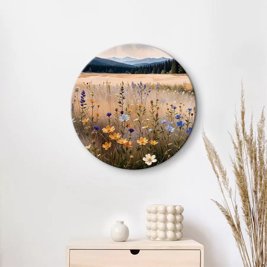 Glezna Priekšplānā krāsainu savvaļas ziedu lauks ar ezeru un kalniem fonā r39502