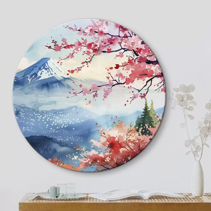 Glezna Fudži kalnu ainava, austrumu daba, ķiršu koki, saulriets r39775