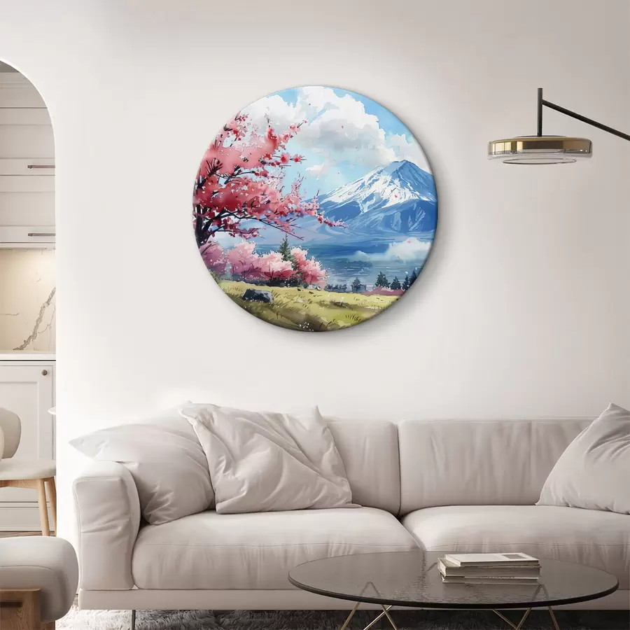 Glezna Fudži kalnu ainava, pavasarī ziedoša daba, ķiršu koki, japāņu valoda r39777