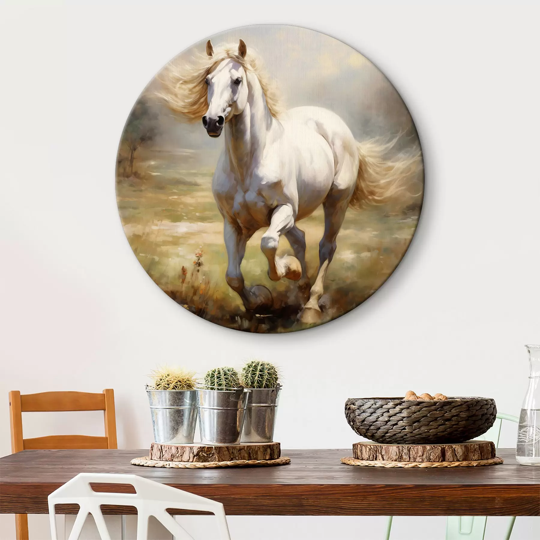 Glezna Balts zirgs, kas auļo pa pļavu, eļļas glezna r39818