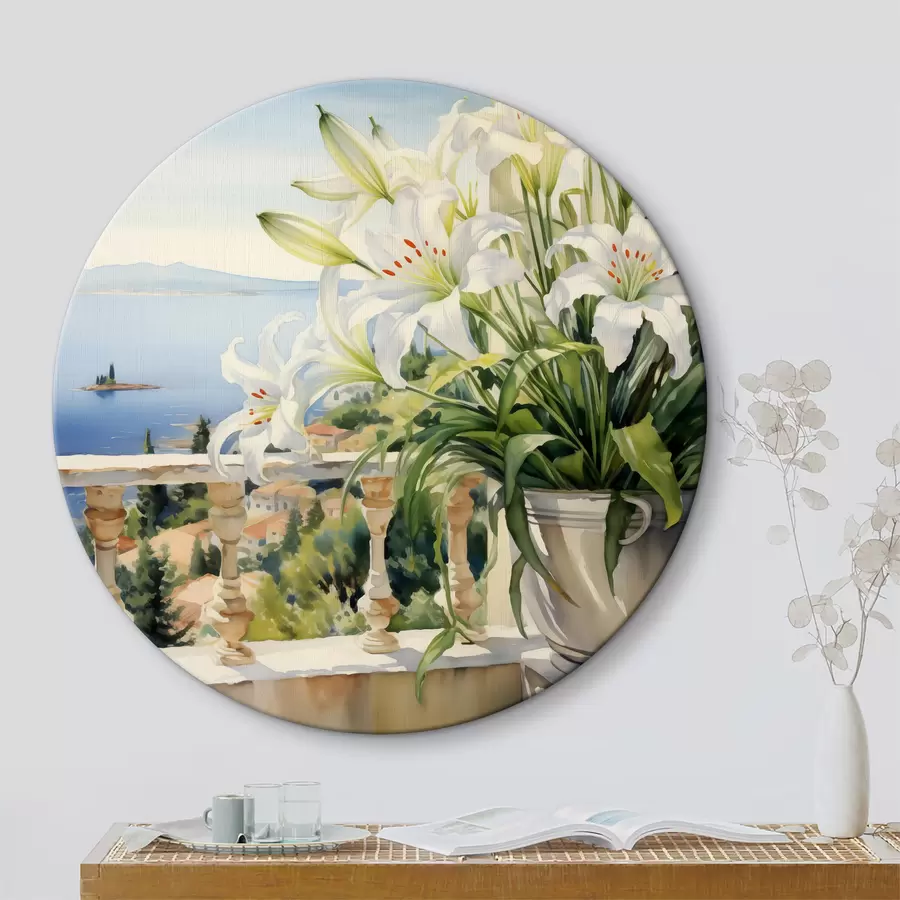 Glezna Baltas lilijas podiņā uz balkona uz līča akvareļa fona r39932