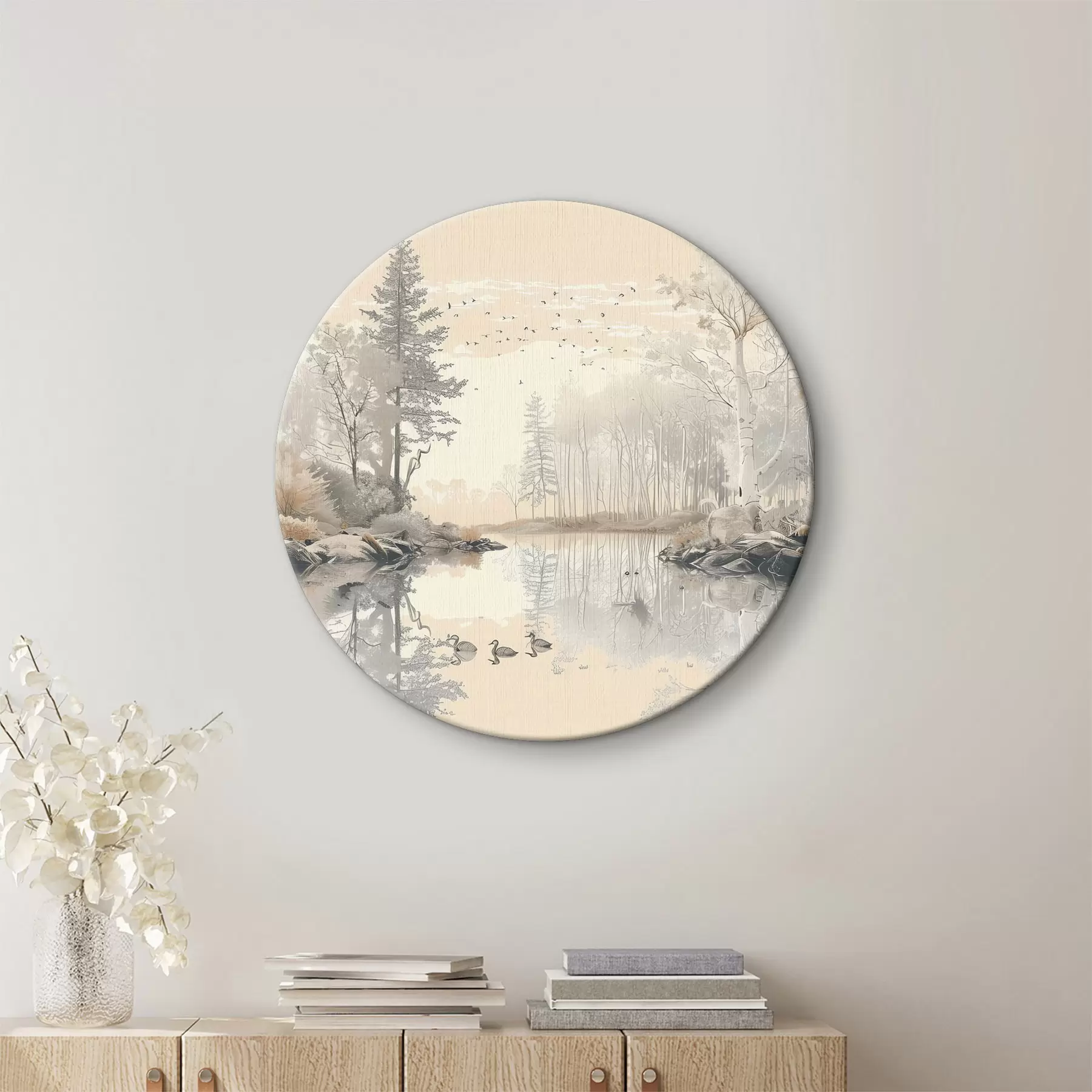 Glezna Skaista dabas ainava, dīķis un koki, savvaļas dzīvnieki, maigas pasteļkrāsas r39980