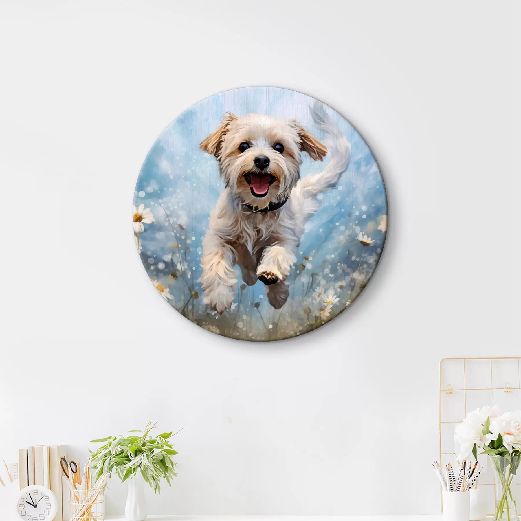 Glezna Mazs, balts suns lēkā starp margrietiņām uz zila fona akvareļa r40092