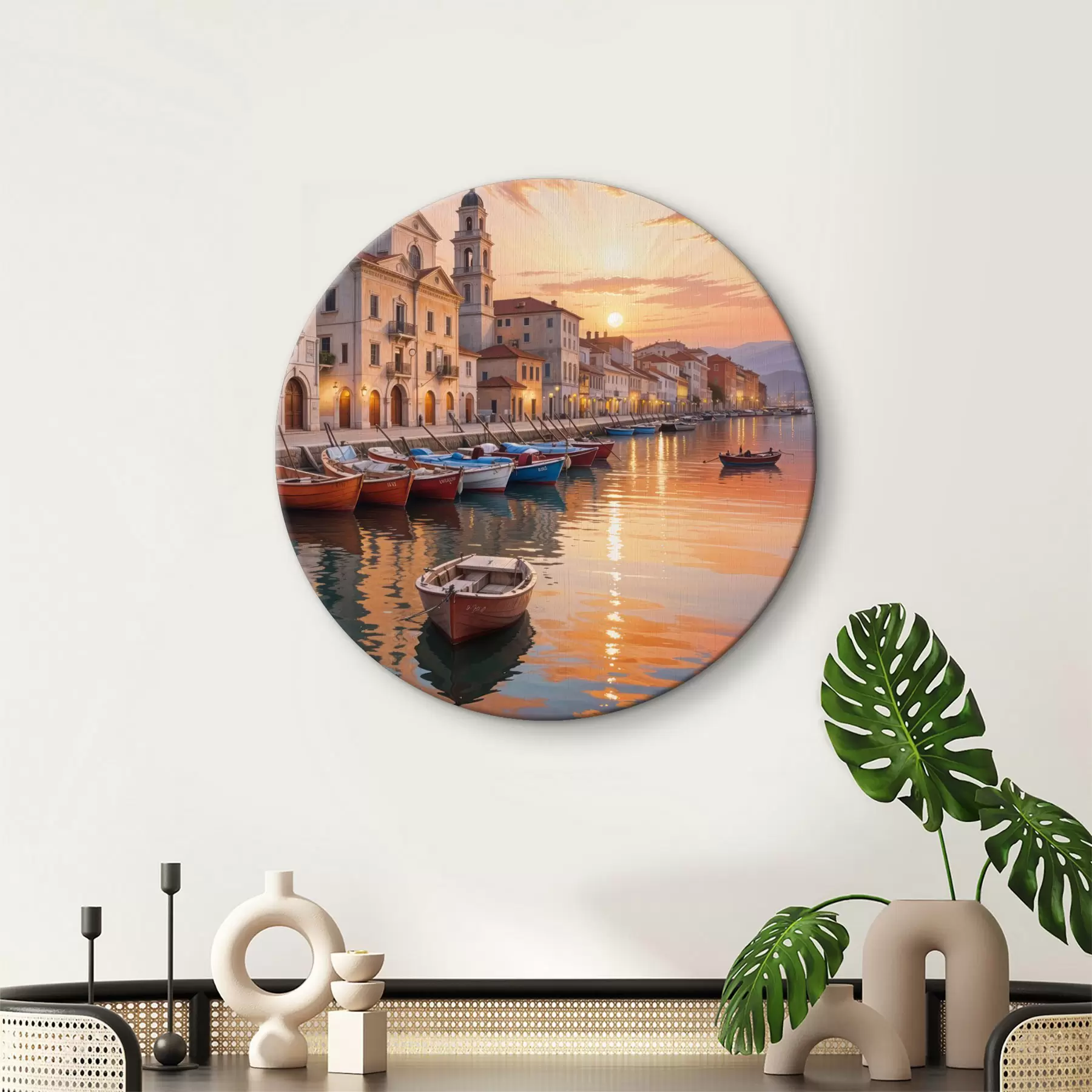 Glezna Itālijas piekrastes pilsēta saulrietā ar krāsainām ēkām krastmalā un laivām, kas peld mierīgos ūdeņos r40150