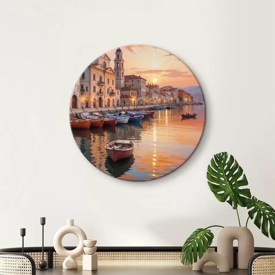 Glezna Itālijas piekrastes pilsēta saulrietā ar krāsainām ēkām krastmalā un laivām, kas peld mierīgos ūdeņos r40150