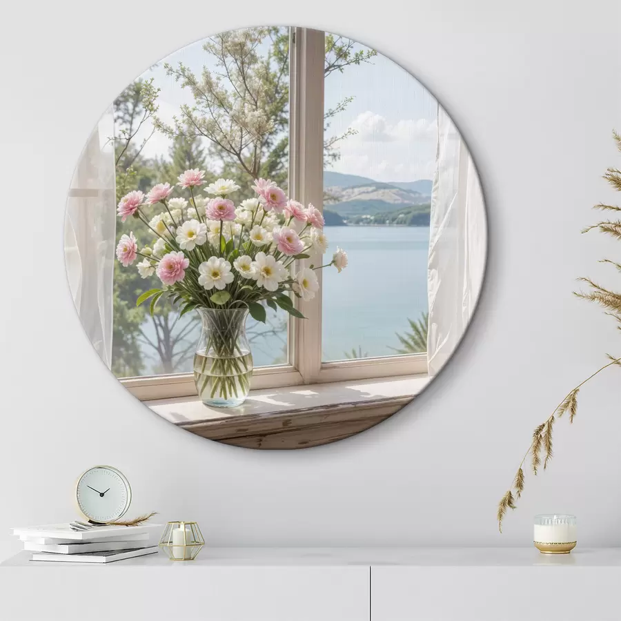 Glezna Rozā un baltu ziedu pušķis stikla vāzē, kas novietota uz palodzes, ar gleznainu ezeru un kalniem r40151