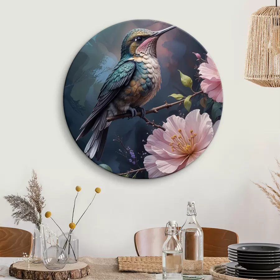 Fototapetes Krāsains kolibri, kas uzsēdies uz zara ar koši rozā ziediem fonā r40155