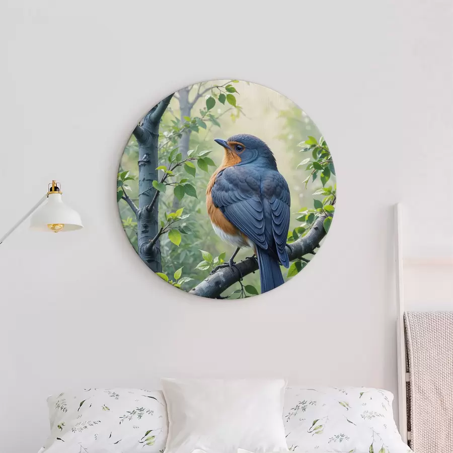 Glezna Divi zili un oranži putni, kas sēdēja uz koka zara ar zaļām lapām fonā r40156