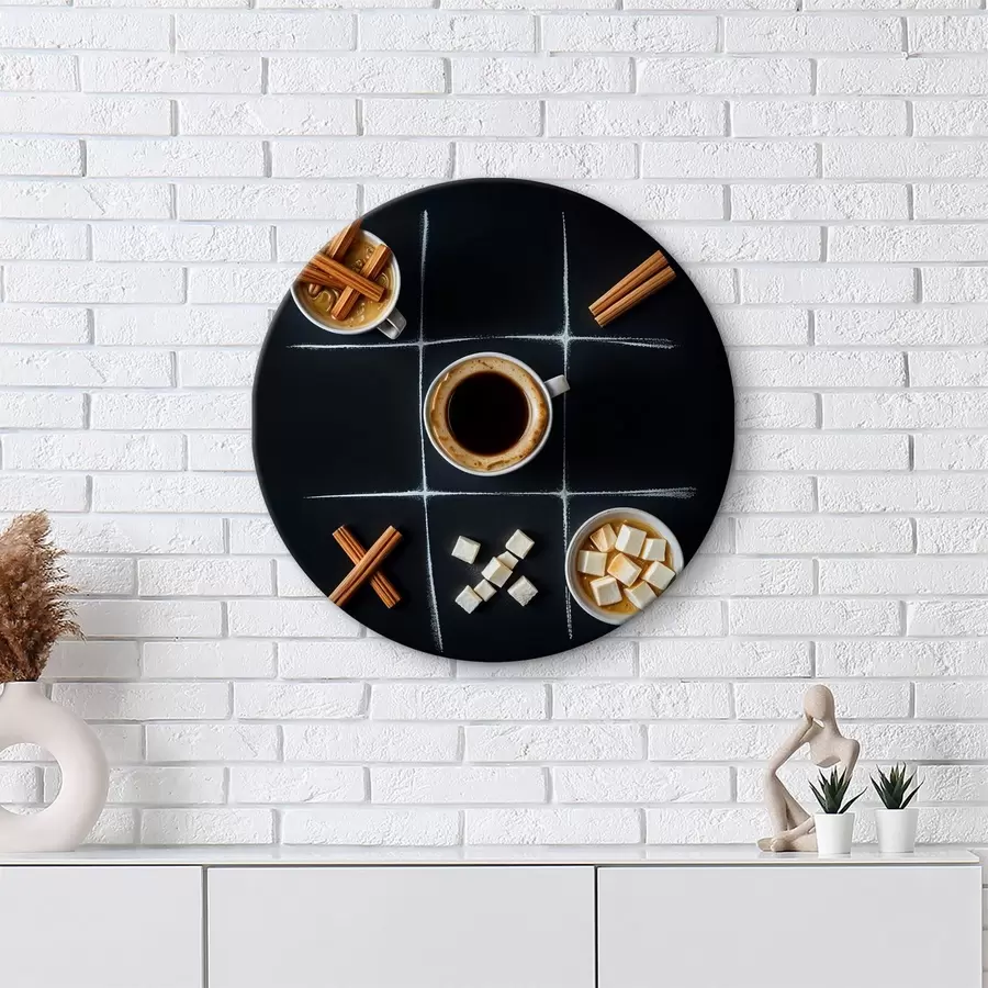 Glezna Tase kafijas ar kanēļa standziņām, cukura kubiņiem un zefīriem, kas sakārtoti tic-tac-toe režģī r40163