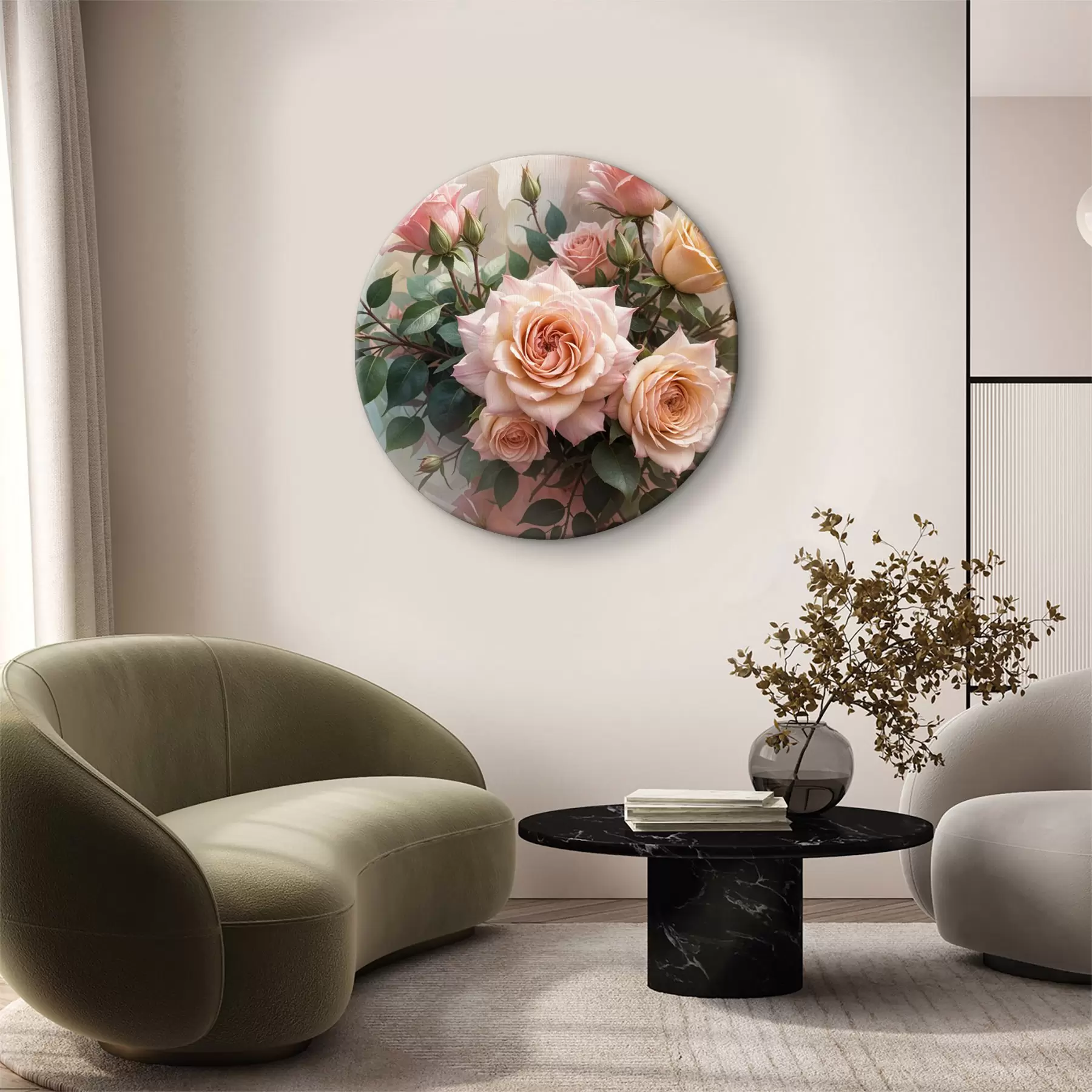 Glezna Skaistu rozā rožu pušķis ar zaļām lapām uz maiga, izplūduša fona r40168