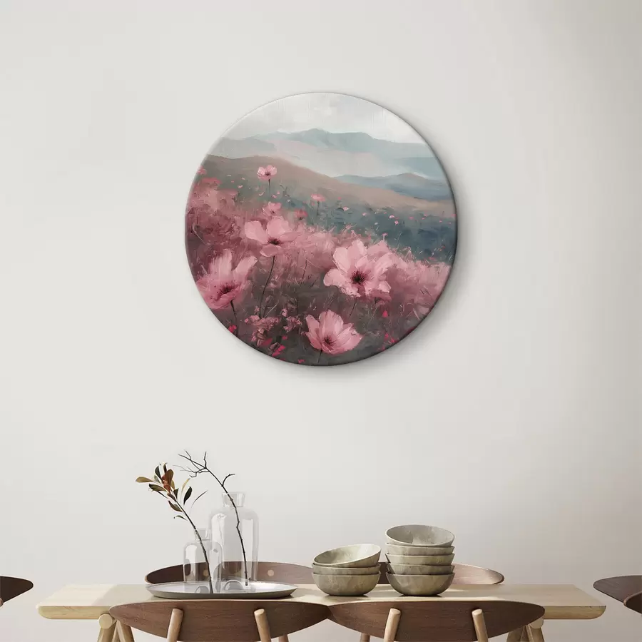 Glezna Rozā ziedi pļavā, dabas ainava, kalni, eļļas glezna, spilgti otas triepieni r40233