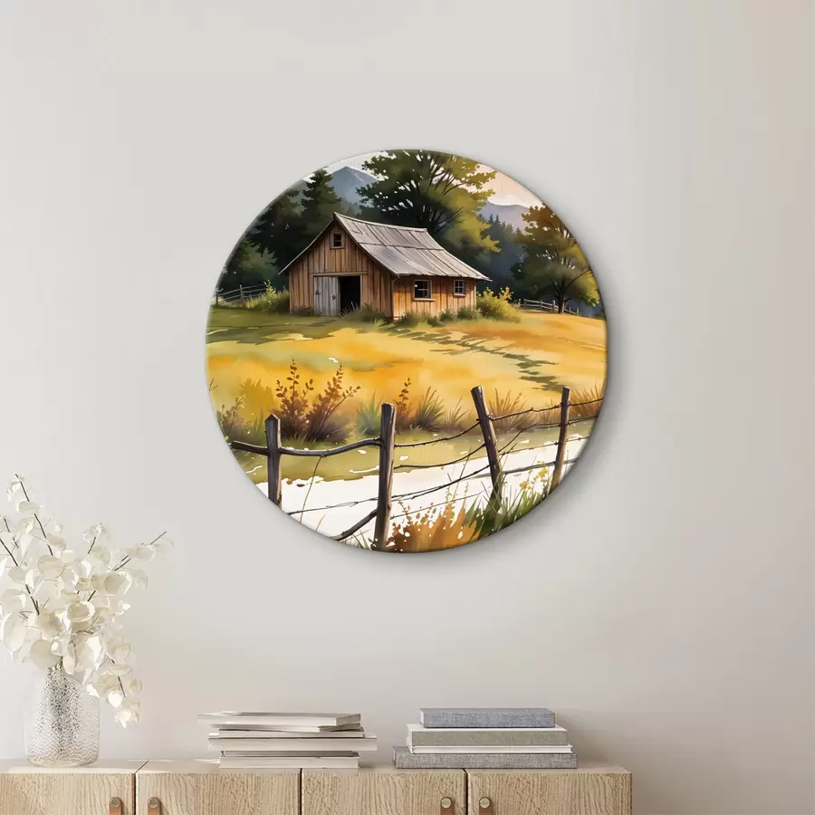 Glezna Veca koka māja lauku laukos, ko ieskauj zālains lauks, priedes un kalni r40394