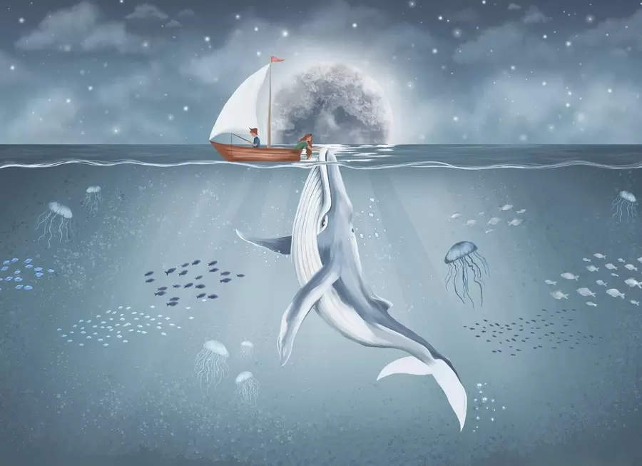 Fototapetes Bērnu dizains ar vaļu, mēnesi un laivu kopā ar bērniem w02476