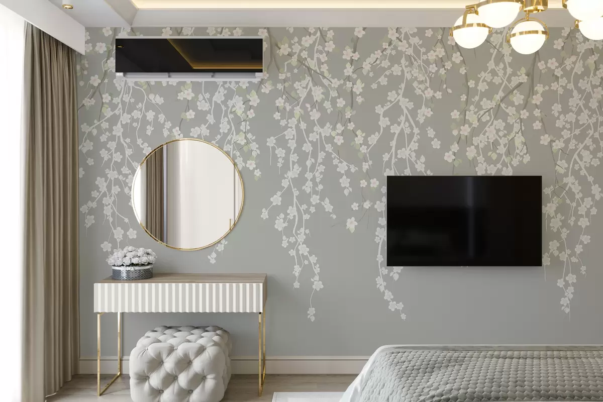 Fototapetes Plūstoši maigi zari ar ziediem uz pelēka fona w02479v1